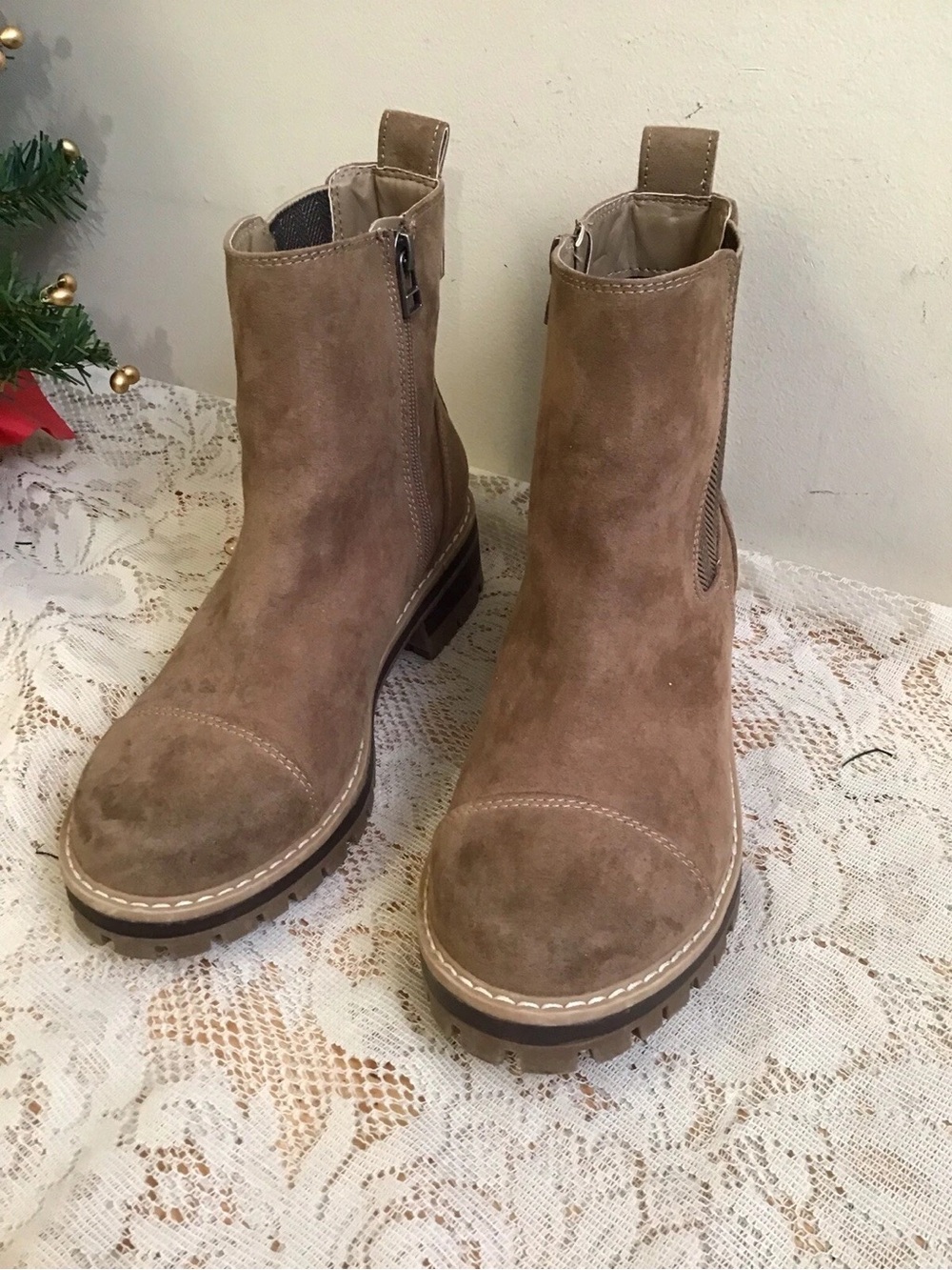 Time and Tru Suede Lug Sole Ankle Boots - Taupe